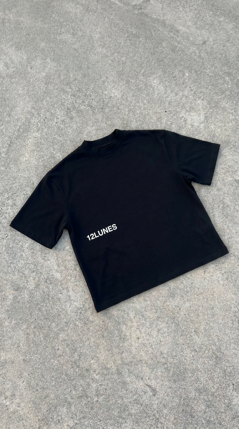 Tee-shirt noir 12LUNES posé sur du béton, silhouette boxy en coton 300 gsm
