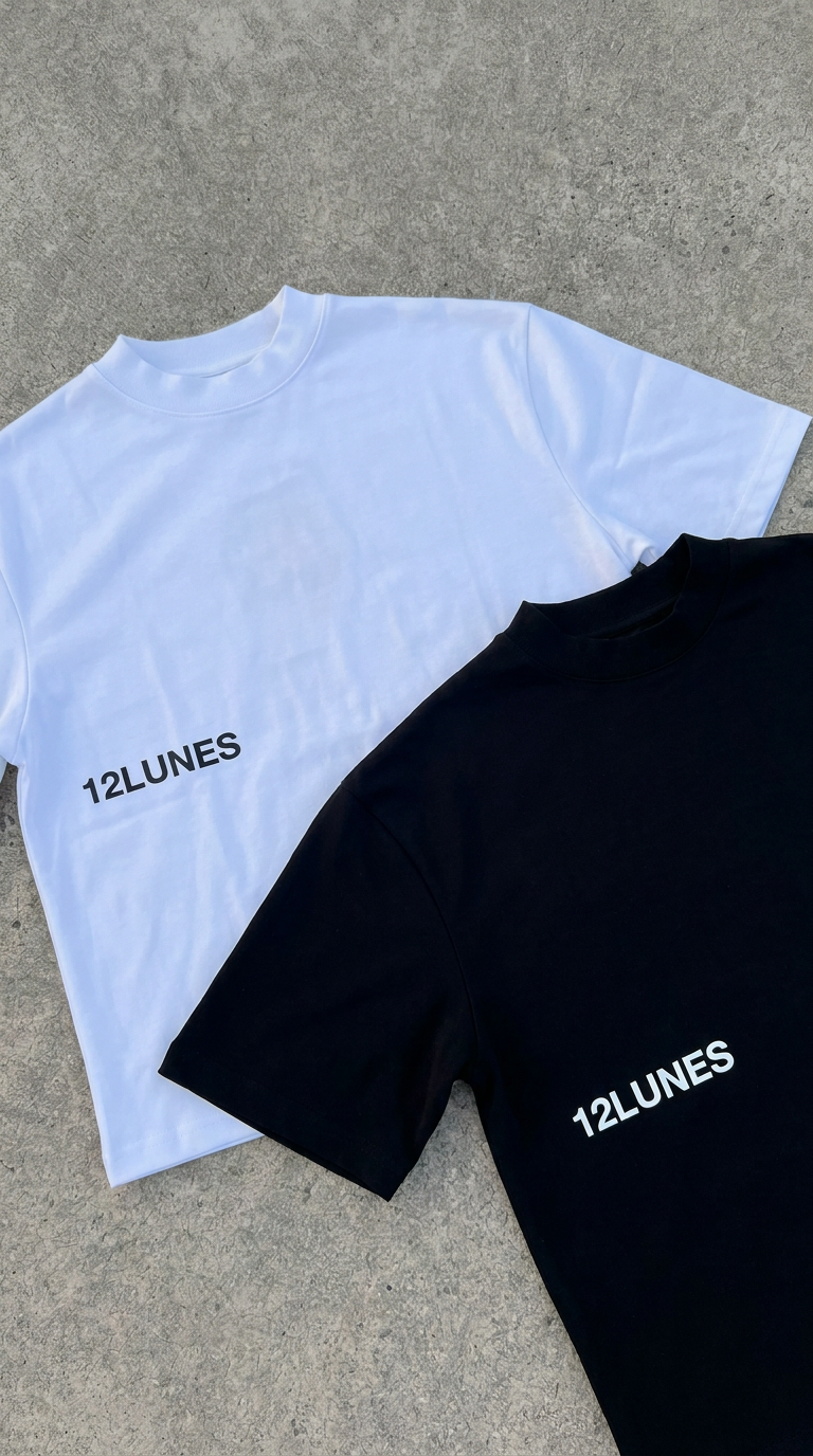 Tee-shirts 12LUNES Neige et Charbon posés côte à côte sur du béton