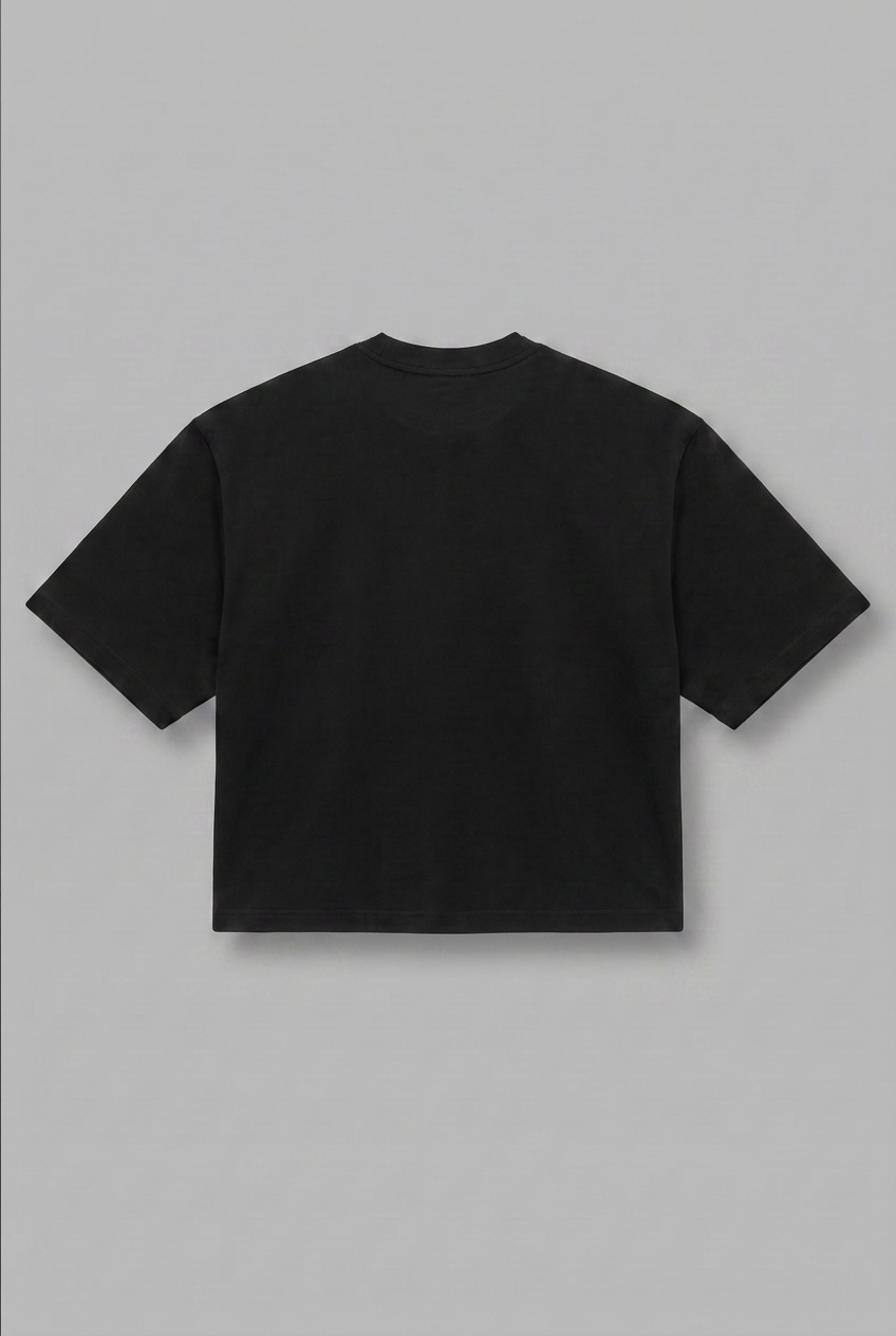 Tee-shirt noir 12LUNES vu de dos, epaules tombantes et longueur cropped