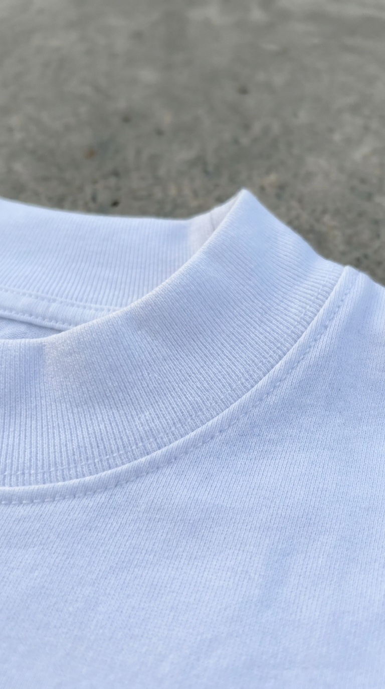 Détail du col rond côtelé du tee-shirt blanc 12LUNES, monté droit et structuré