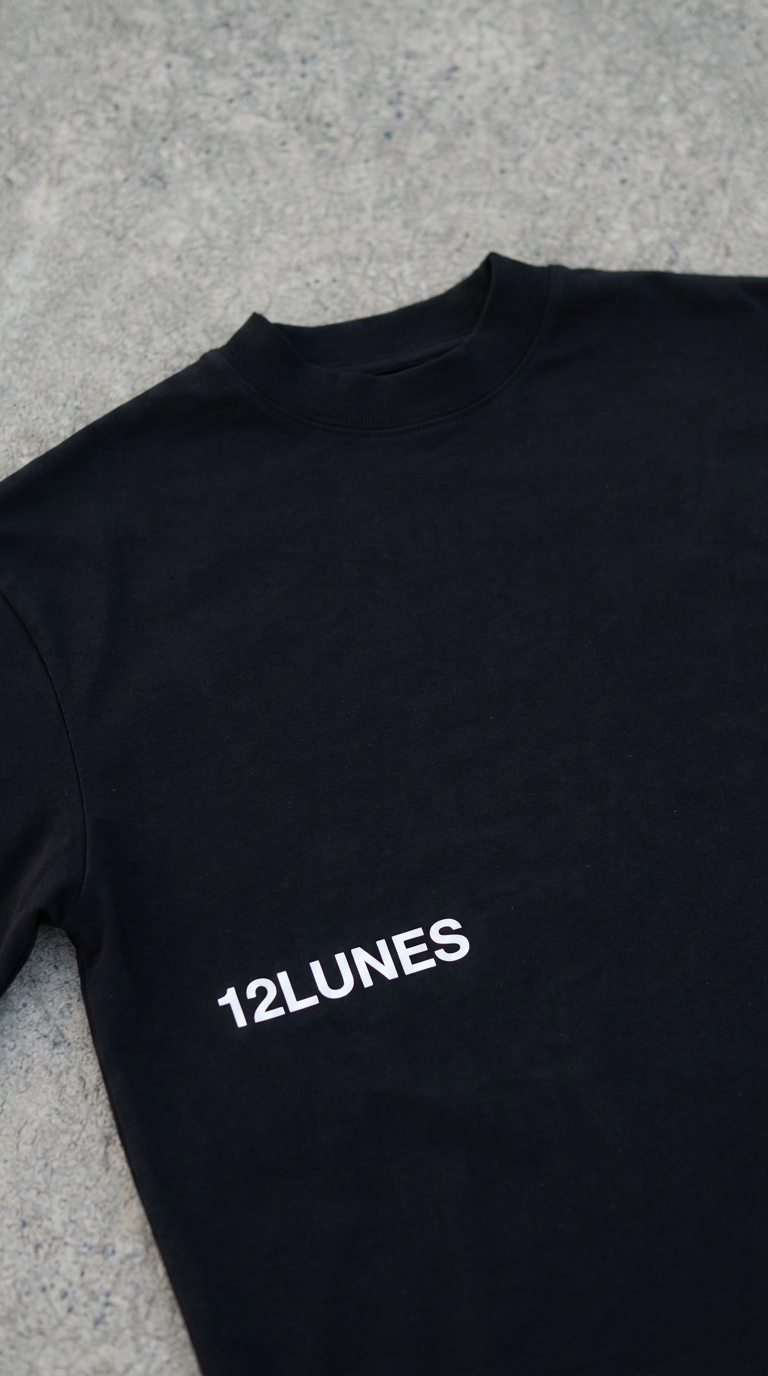Détail du col côtelé et du logo sérigraphié du tee-shirt noir 12LUNES