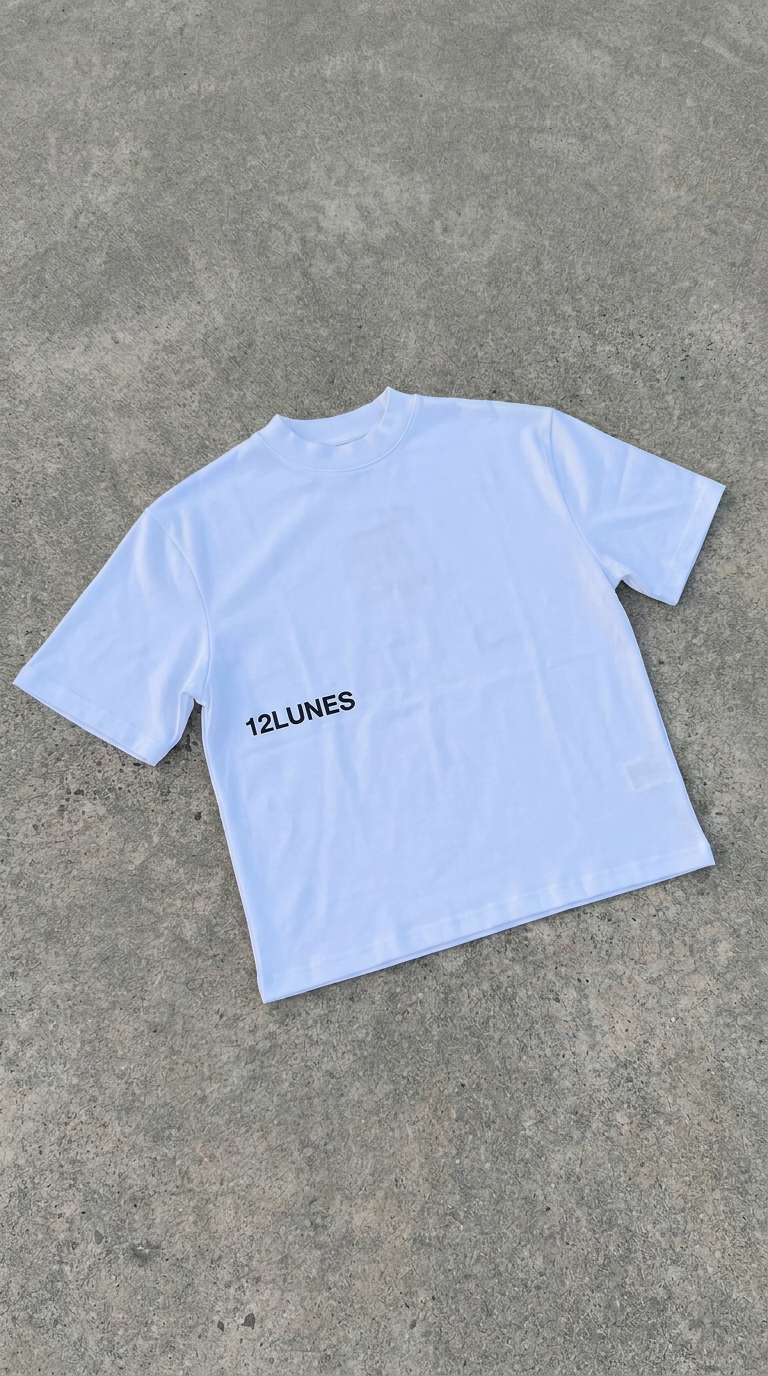 Tee-shirt blanc 12LUNES posé sur du béton, silhouette boxy en coton 300 gsm